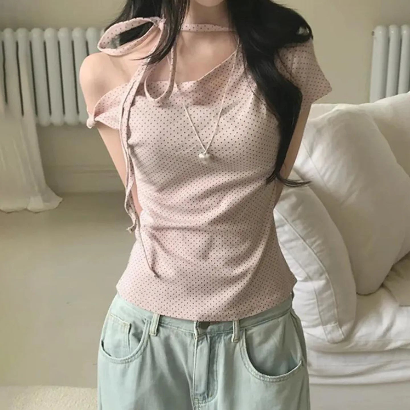 Sweet Polka Dot Prints T-Shirts Fashion Women Cute Design One-Shoulder Summer Tops Casual Korean Office Lady Commute Slim Tees