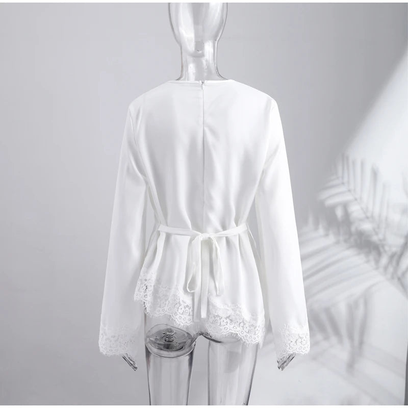 Elegant Satin Lace Patchwork Top Women O-neck Loose Long Sleeves Strappy Female shirt 2026 Spring Autumn Chic Lady T-shirt