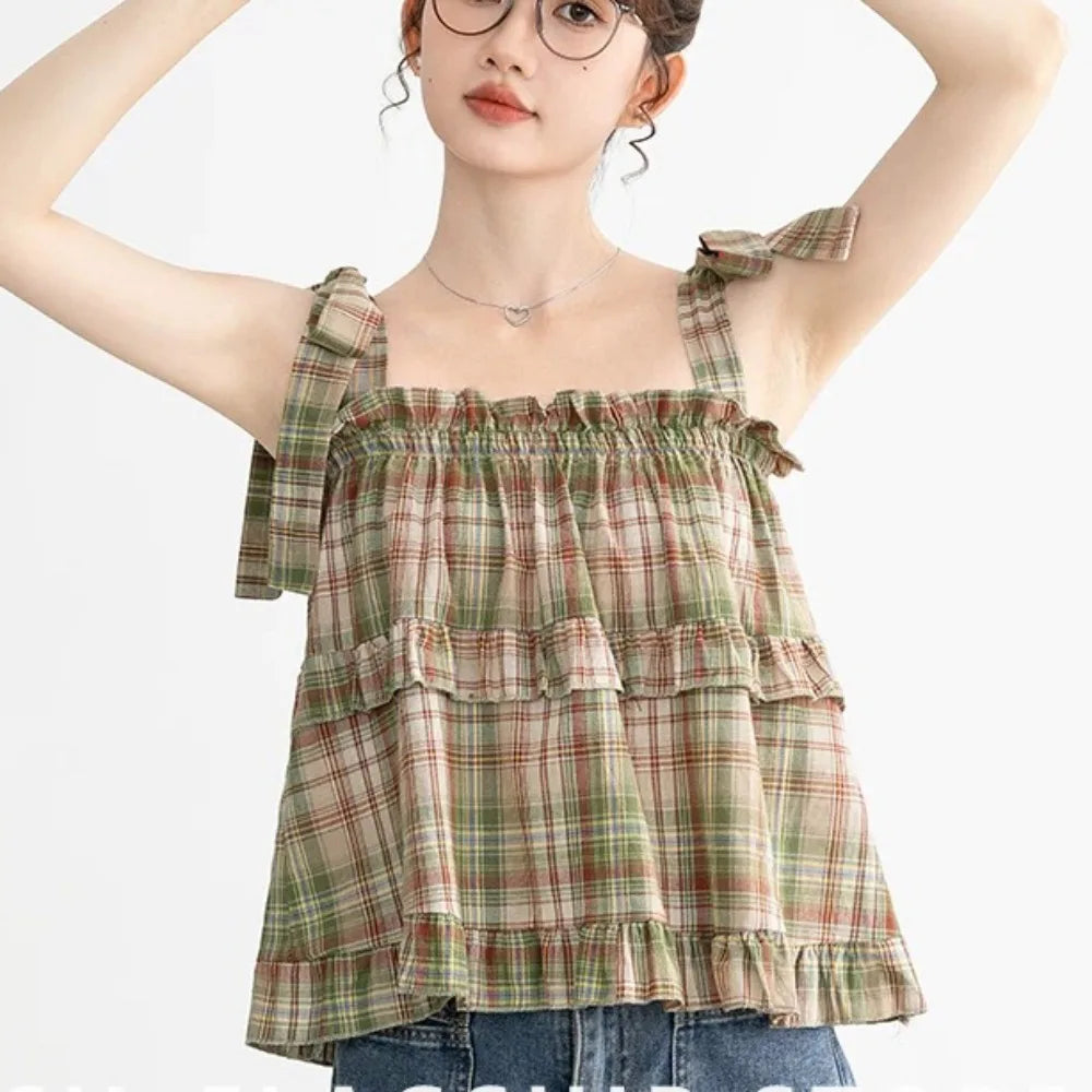 Y2K Hot Women Summer Acubi Japan Vintage Gyaru Tanks & Camis Lace Up Green Crop Top Plaid Strap Sleeveless Tank Tops Clothes