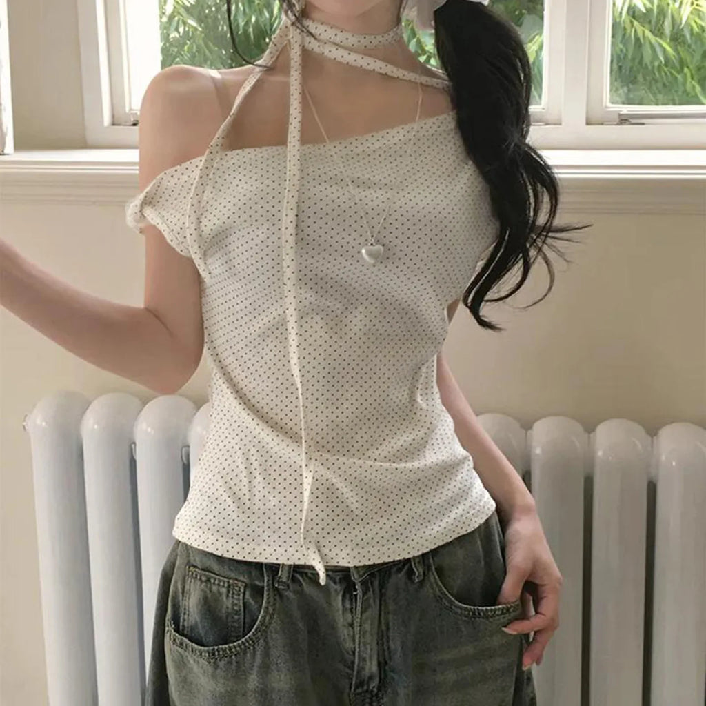 Sweet Polka Dot Prints T-Shirts Fashion Women Cute Design One-Shoulder Summer Tops Casual Korean Office Lady Commute Slim Tees