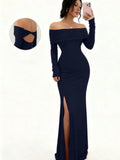 Women's Off-Shoulder Bodycon Dress - Long Sleeve High Slit Bandage Dress, Chic Figure-Hugging Midi