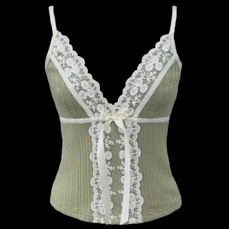 Xingqing Fairy Coquette Tank Top y2k Women Lace Floral V Neck Spaghetti Strap Sleeveless Vest with Bow 2000s Aesthetic Clothing