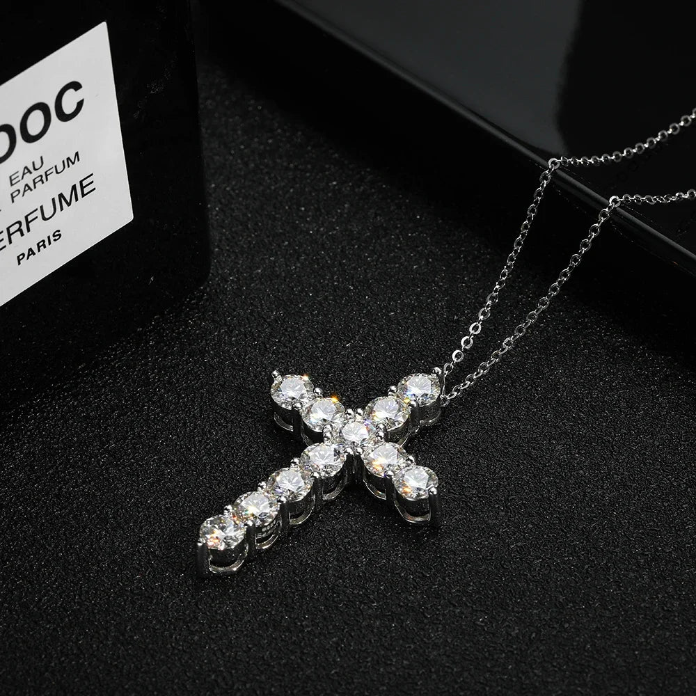 Full Moissanite Cross Pendant Necklace Original 925 Sterling Silver Chain Plated 18K White Gold Fine Necklace for Women Jewelry