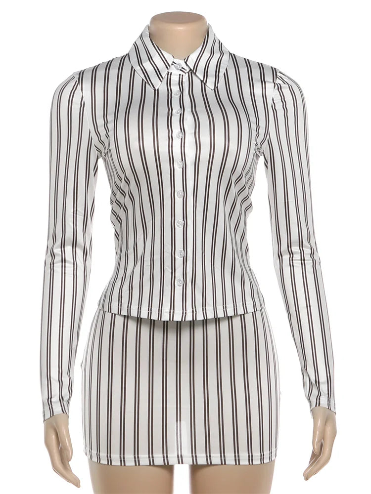 Weird Puss Stripes Print 2-Piece Set Women Tracksuit Crop Blouse+Peach Hip Skirts Matching Streetwear Office Elegant Outfits
