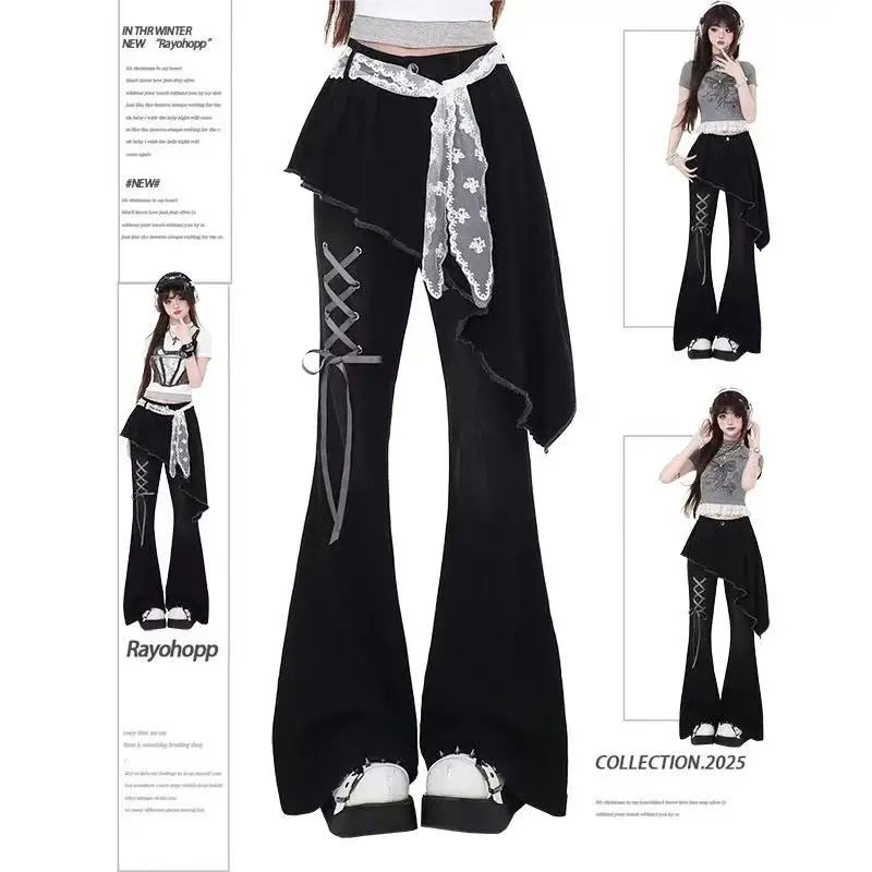 Vintage Slim Micro-flare Jeans Women Ins Fashionable Splicing Belt Edge Y2K Pants High Waist Straight American Street Trousers