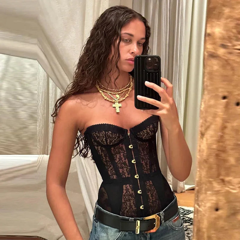 Spicy Girl Sexy Tight Corset Lace Hollow Sleeveless Strapless Top 2025 Summer Fashion Women Street Trendy Vest