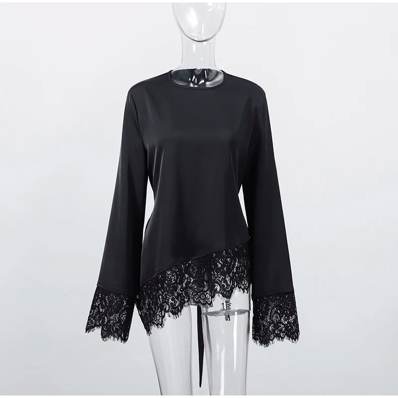 Elegant Satin Lace Patchwork Top Women O-neck Loose Long Sleeves Strappy Female shirt 2026 Spring Autumn Chic Lady T-shirt