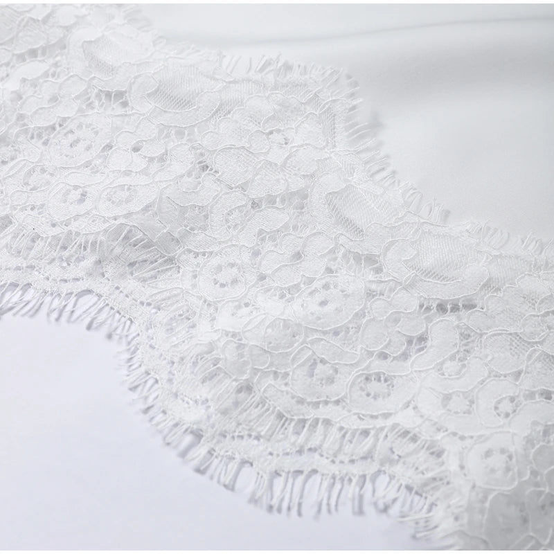 Elegant Satin Lace Patchwork Top Women O-neck Loose Long Sleeves Strappy Female shirt 2026 Spring Autumn Chic Lady T-shirt