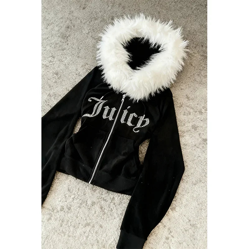 Spring 26th subculture Y2K new fur collar cardigan sportswear zipper jacket letter hot stamping retro sportswear jacket