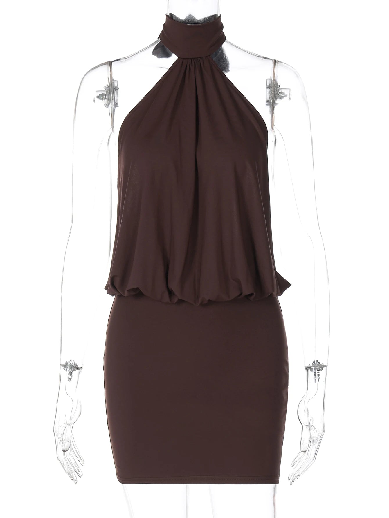 Hugcitar Fashion Halter Solid Sleeveless Backless Bandage Ruched Sexy Slim Mini Dress Summer Clothes Party Vacation Club