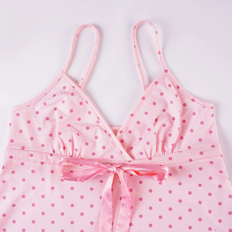 SUCHCUTE Chic Sweet Cute Polka Dot Print Bow Lace-up Camisole Women V Neck Sleeveless Crop Top Y2k Streetwear Slim Tanks Summer