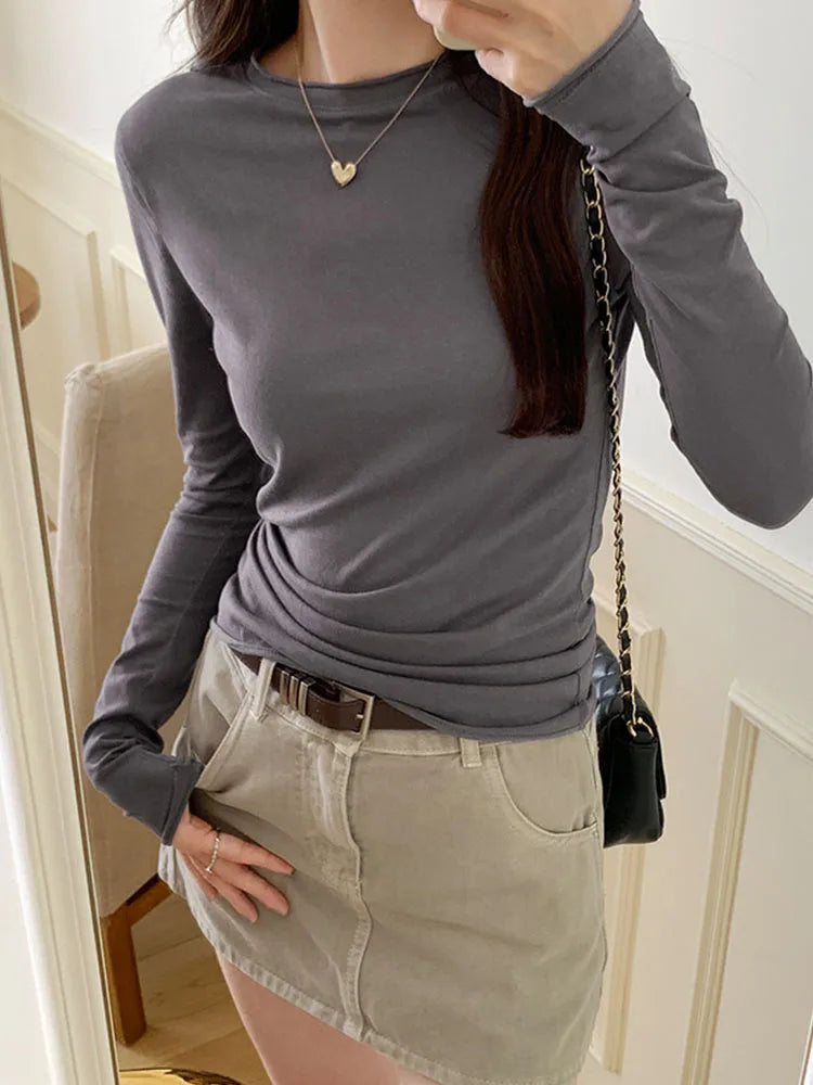 2024 Spring Autumn T shirt Women Tops Solid Slim Fit Long Sleeve O Neck Tshirts Female Casual Streetwear High Quality Base Tees