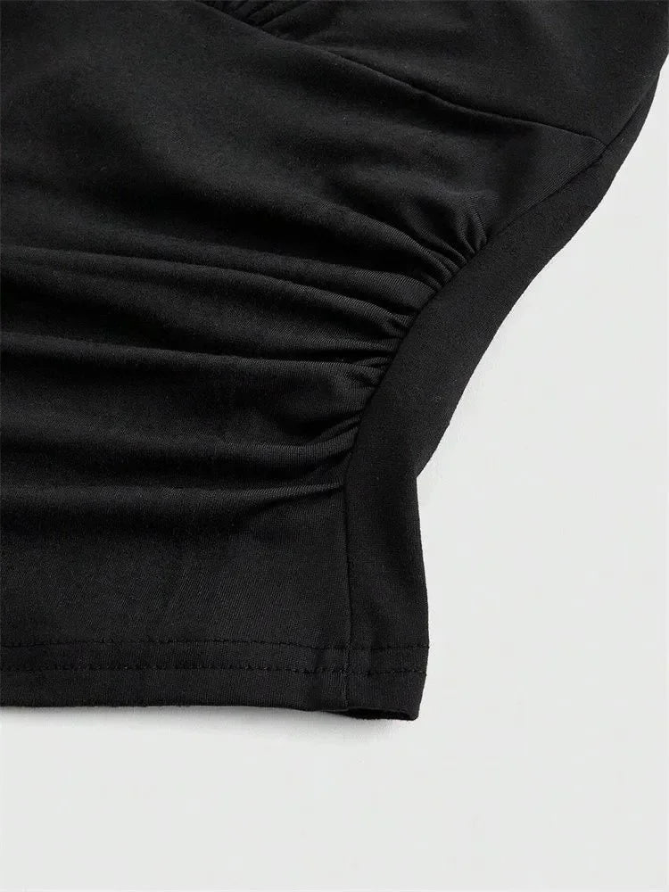 Solid V-neck Backless Halter Crop Top for Women Summer Sexy Y2K Sleeveless Ruched Top Streetwear