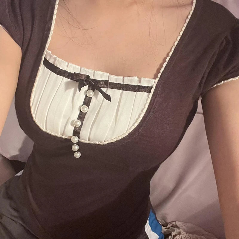 Harajuku Grunge T-shirt Women Korean Preppy Style Kawaii Bow Crop Top Vintage Patchwork Square Collare Puff Sleeve Milkmaid Top