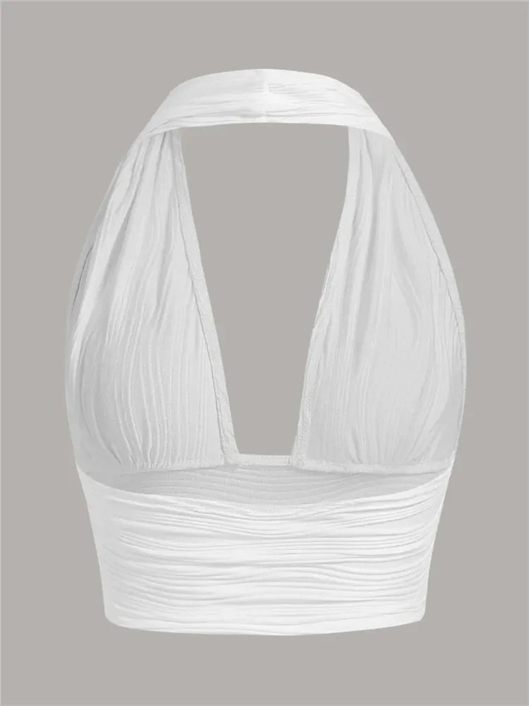 Solid White Backless Crop Halter Top Women Summer Y2K Club Grunge Clothes Deep V-neck Backless Sleeveless Tank Top Streetwear
