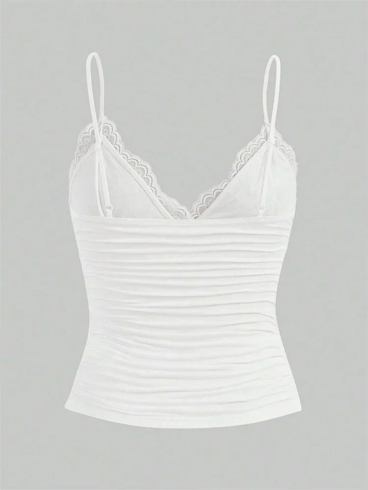 Sexy Contrast Lace Bow Front Crop Cami Top Women 2025 Summer Grunge Punk Y2K Clothes Ruched Skinny Backless Tee Shirt