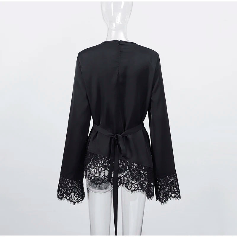 Elegant Satin Lace Patchwork Top Women O-neck Loose Long Sleeves Strappy Female shirt 2026 Spring Autumn Chic Lady T-shirt