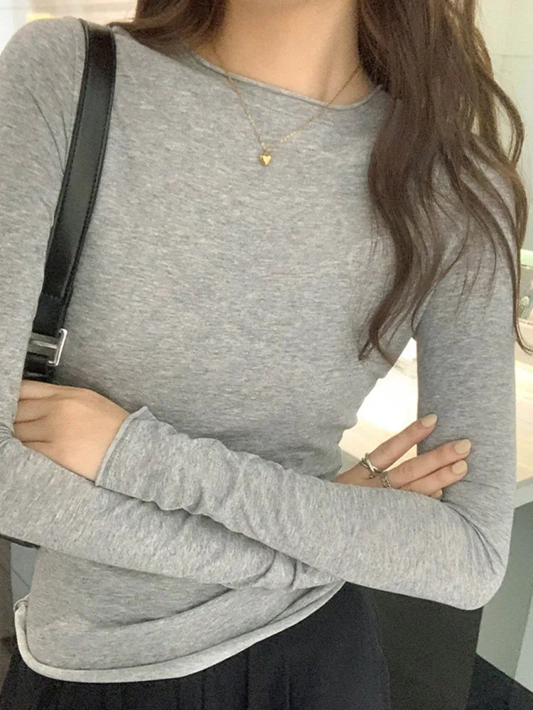 2024 Spring Autumn T shirt Women Tops Solid Slim Fit Long Sleeve O Neck Tshirts Female Casual Streetwear High Quality Base Tees