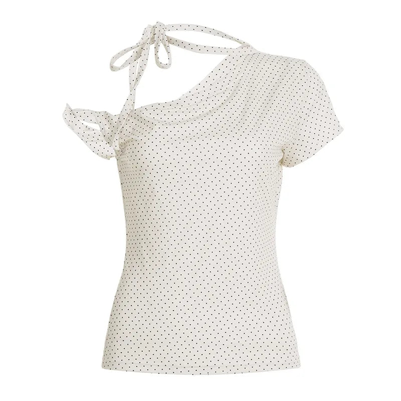 Sweet Polka Dot Prints T-Shirts Fashion Women Cute Design One-Shoulder Summer Tops Casual Korean Office Lady Commute Slim Tees