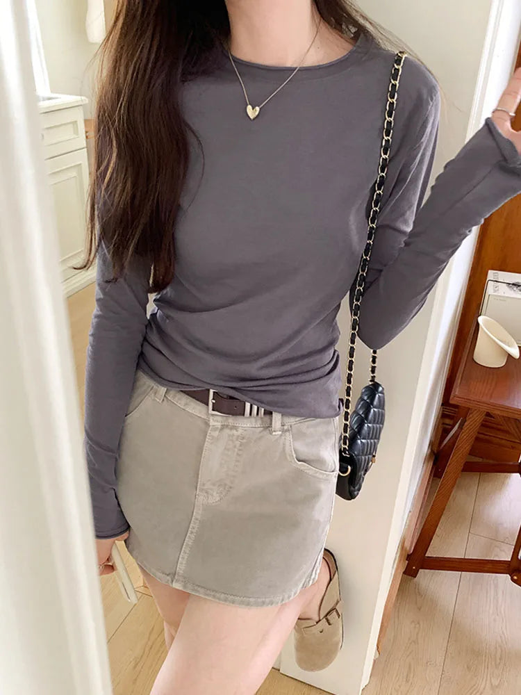 2025 Spring/Summer T-shirt Women's Top Solid Color Slimming Long Sleeve Round Neck T-shirt Women's Casual T-shirt Street Wear