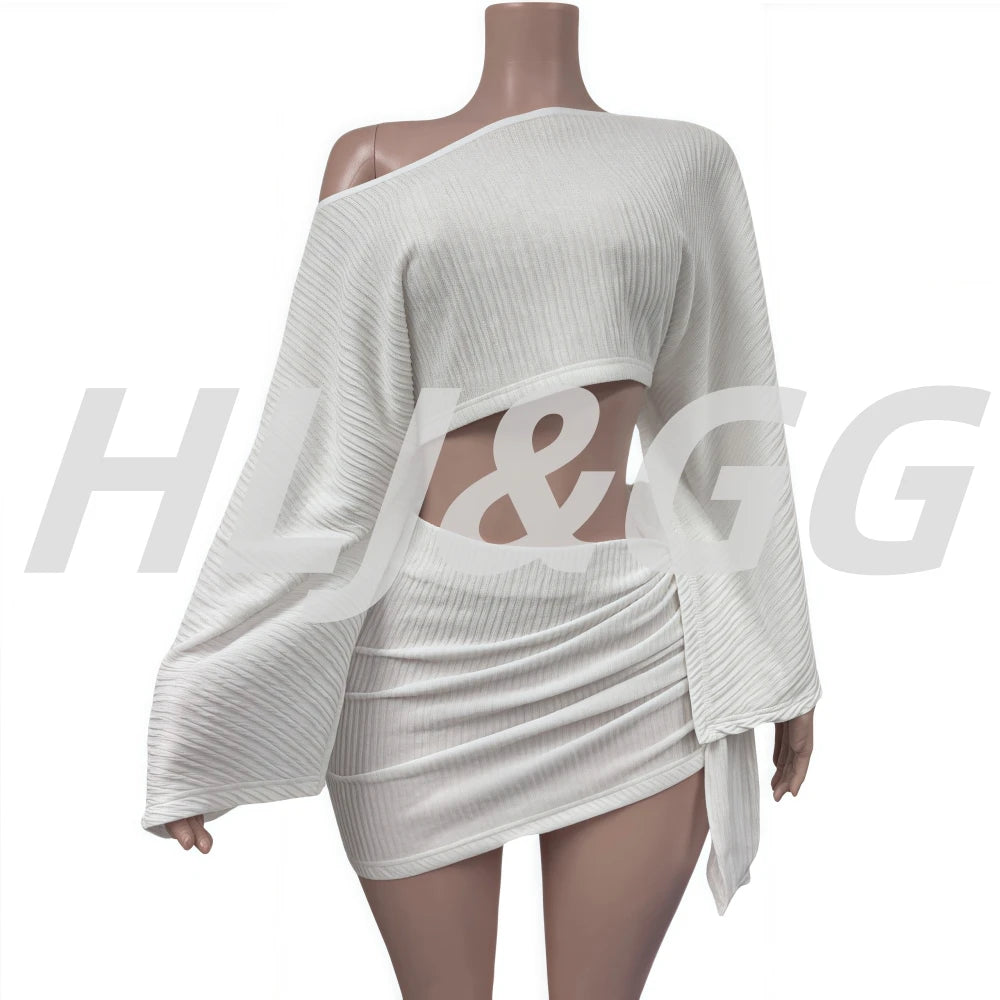 HLJ Elegant Off Showlder Two Piece Outfits Woman Summer One Shoulder Flared Sleeve Loose Crop Top and Skirt Suit Streetwear New