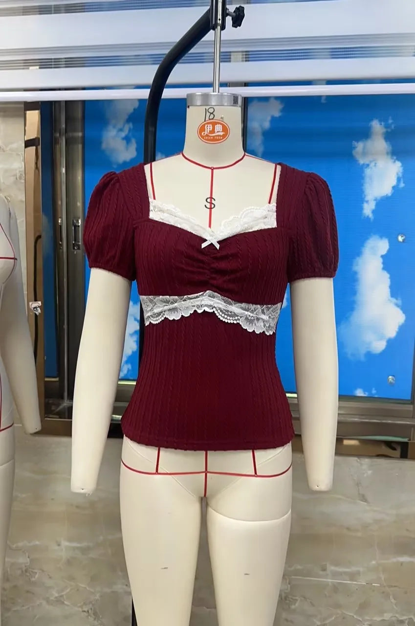 Summer Lace Patchwork Coquette T-shirt Ribbed Knit Slim Fit Milkmaid Tees Women Short Sleeve Y2k Grunge Crop Tops Aesthetic