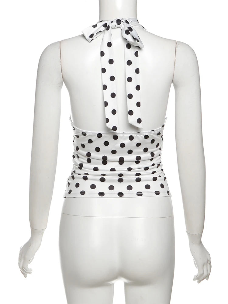 Weird Puss Polka Dot Print Vest Women Y2K Lace-Up Backless Halter v-Neck Skinny Summer Trend Daily  Street Basic Chic Tank Tops