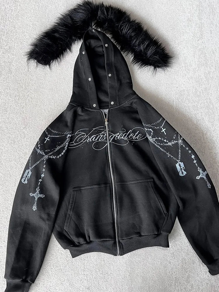 Winter Fashion Streetwear Women's Gothic Punk Faux Fur Hooded Jacket With Cross Print Trendy Edgy Zip - Up Sweatshirt 2026 New
