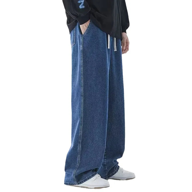 Light Wash Men's Drawstring Jeans Loose Straight Leg Floor-Length Trendy Casual Wide Leg Long Trousers Comfortable Fit