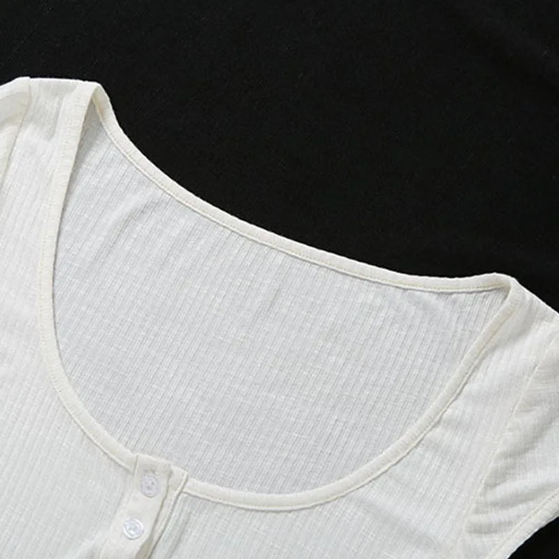 Women Summer Fashion Streetwear Sexy White Transparent Crop Tops Buttons V Neck Short Sleeve Pullover Slim T Shirts Club Party