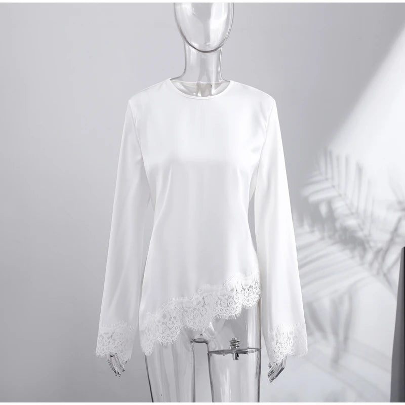 Elegant Satin Lace Patchwork Top Women O-neck Loose Long Sleeves Strappy Female shirt 2026 Spring Autumn Chic Lady T-shirt