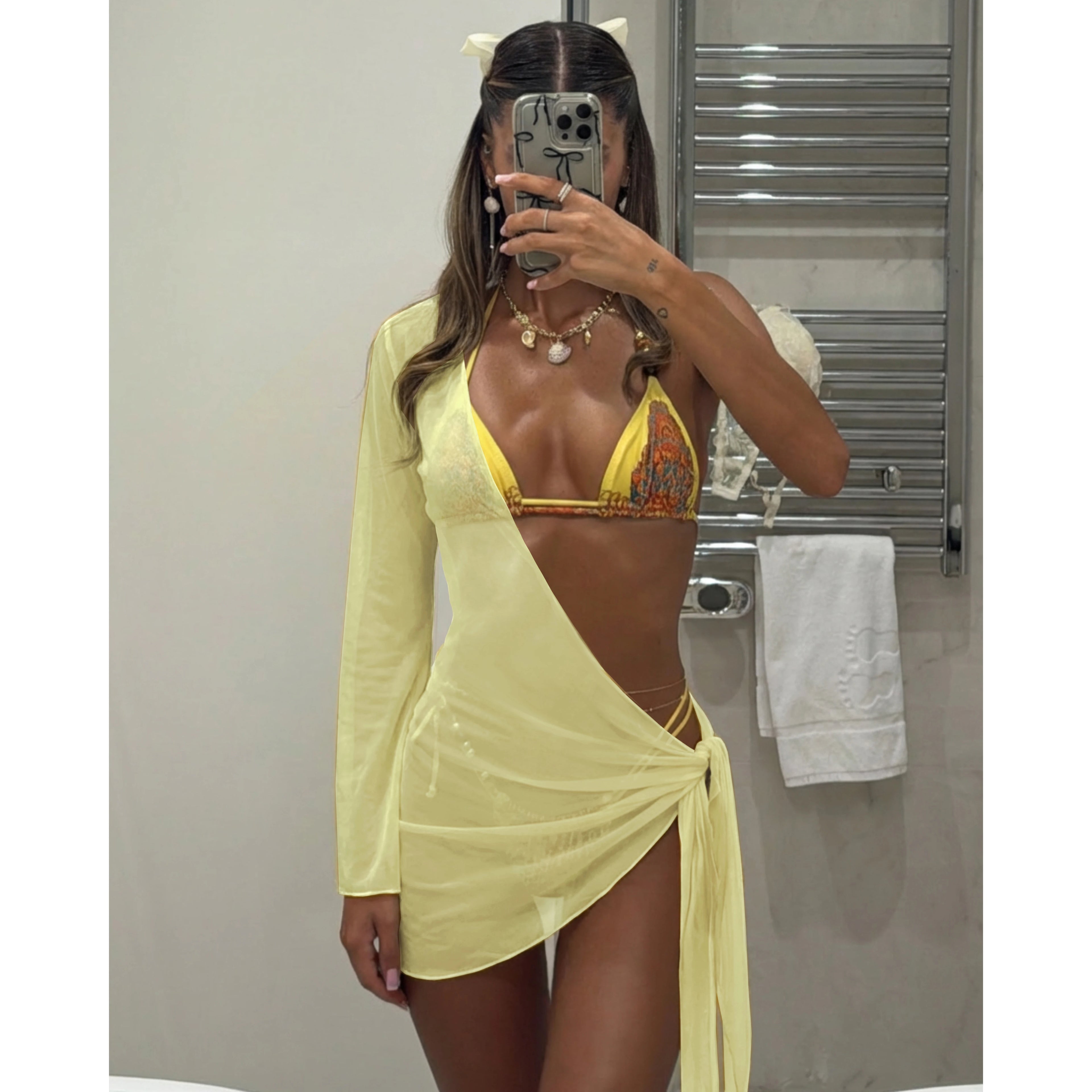 New Sexy Soild 3 Pcs Bikini With Cover Up Mesh Halter Bikini Set Summer Women White Tube Top with Skirt Suit Female