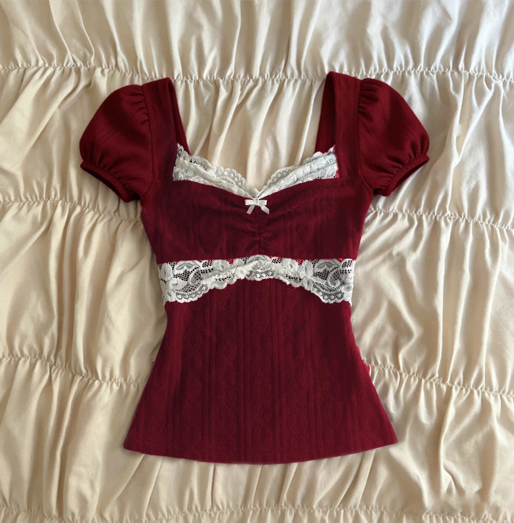 Summer Lace Patchwork Coquette T-shirt Ribbed Knit Slim Fit Milkmaid Tees Women Short Sleeve Y2k Grunge Crop Tops Aesthetic