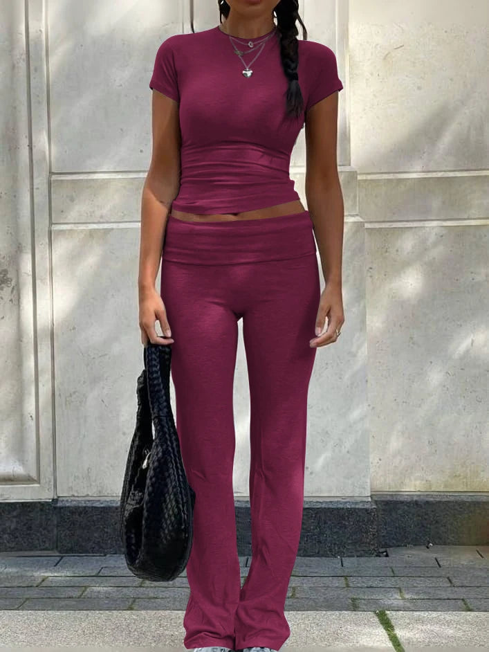 Casual Workout Two Piece Outfits for Women Short Sleeve Crop High Waist Foldover Flare Pants Tracksuit Sets Streetwear