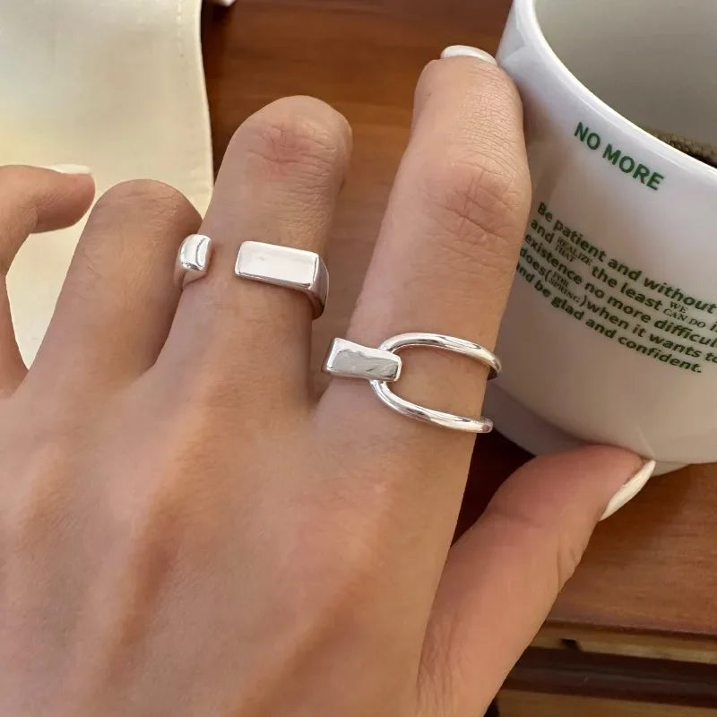 VENTFILLE 925 Sterling Silver Rings INS Fashion Hip Hop Vintage Couples Hollow Lines Punk Thai Silver Party Adjustable  Jewelry