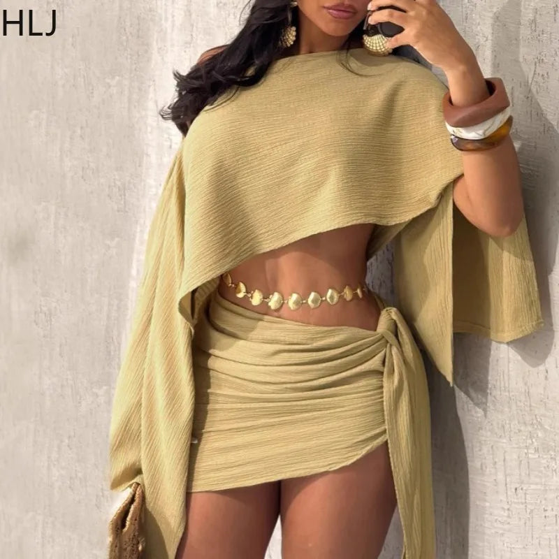 HLJ Elegant Off Showlder Two Piece Outfits Woman Summer One Shoulder Flared Sleeve Loose Crop Top and Skirt Suit Streetwear New
