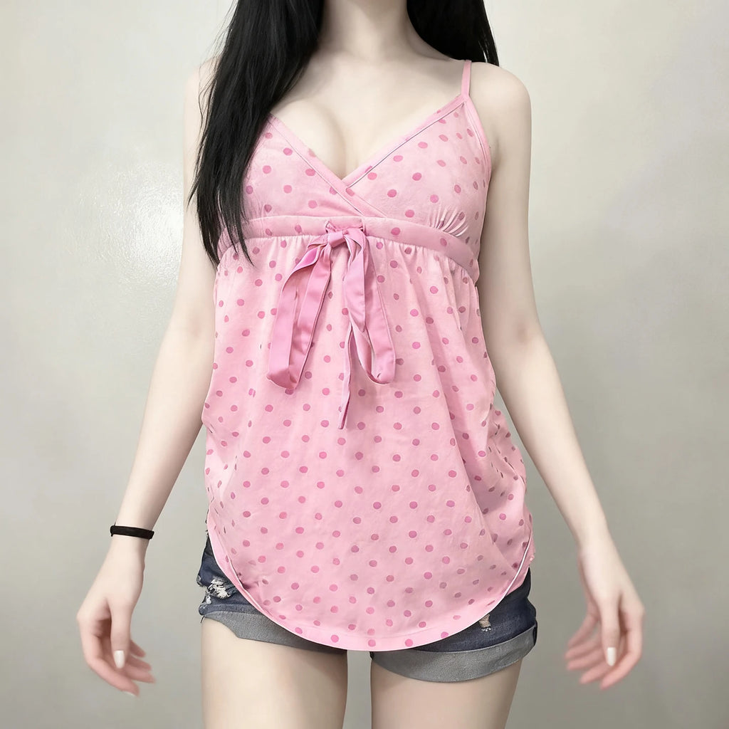 SUCHCUTE Chic Sweet Cute Polka Dot Print Bow Lace-up Camisole Women V Neck Sleeveless Crop Top Y2k Streetwear Slim Tanks Summer