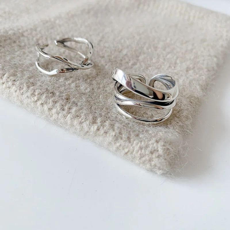 VENTFILLE 925 Sterling Silver Rings INS Fashion Hip Hop Vintage Couples Hollow Lines Punk Thai Silver Party Adjustable  Jewelry