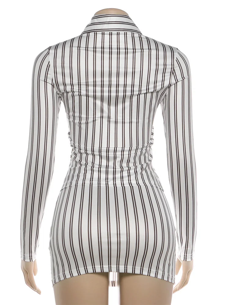 Weird Puss Stripes Print 2-Piece Set Women Tracksuit Crop Blouse+Peach Hip Skirts Matching Streetwear Office Elegant Outfits