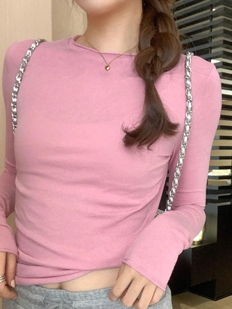 2025 Spring/Summer T-shirt Women's Top Solid Color Slimming Long Sleeve Round Neck T-shirt Women's Casual T-shirt Street Wear