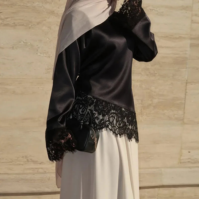 Elegant Satin Lace Patchwork Top Women O-neck Loose Long Sleeves Strappy Female shirt 2026 Spring Autumn Chic Lady T-shirt