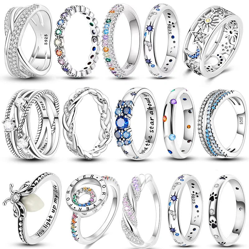 Women Silver Finger Rings for Women Original 925 Sterling Silver Cocktail Ring Geometric Cubic Zircon Heart Wedding Jewelry