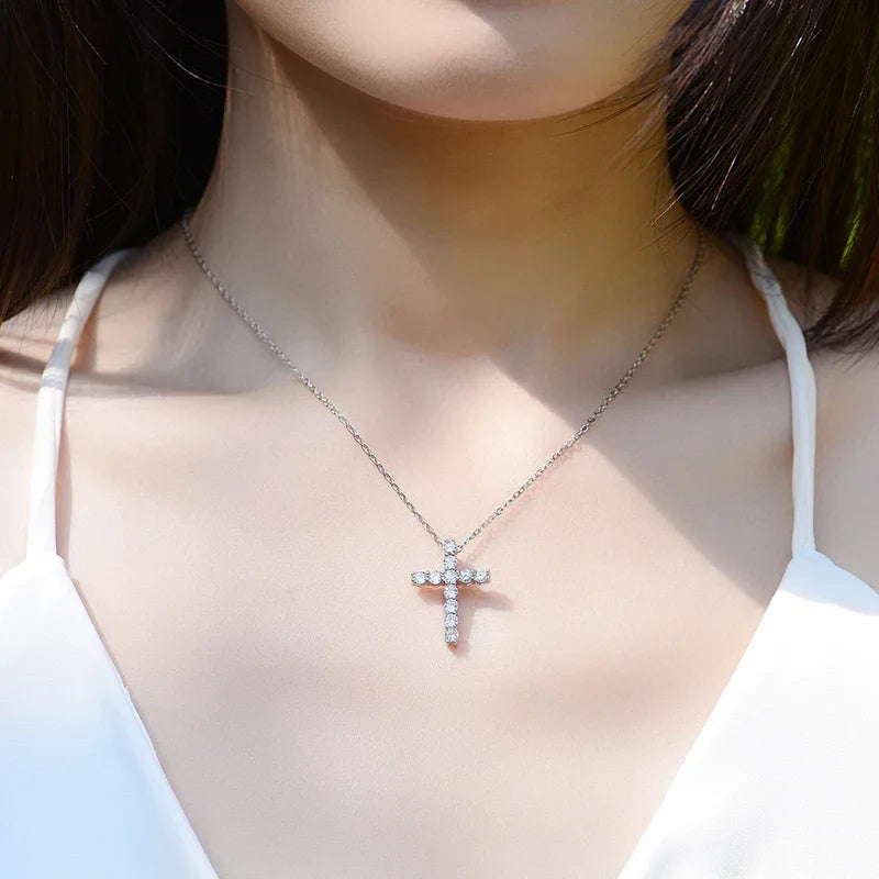 Full Moissanite Cross Pendant Necklace Original 925 Sterling Silver Chain Plated 18K White Gold Fine Necklace for Women Jewelry