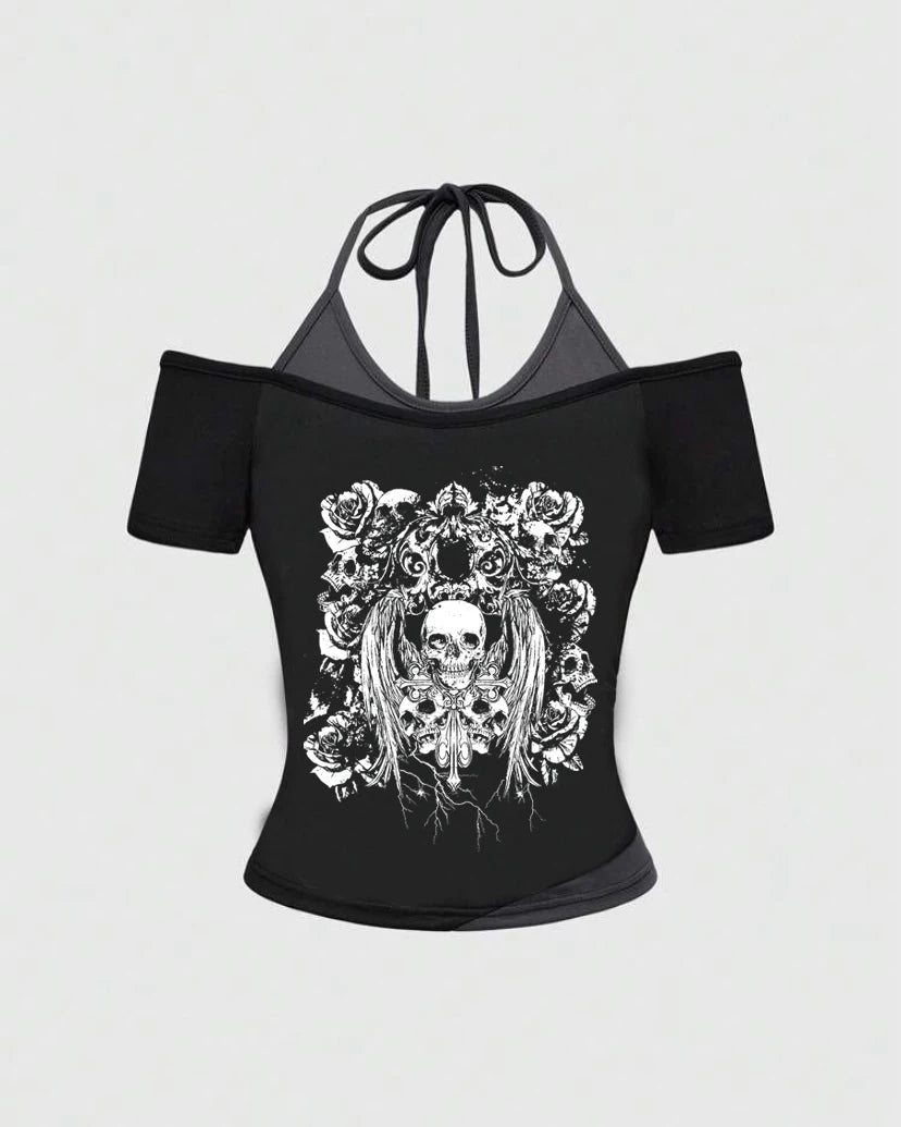 Retro gothic Fake Two-piece Printed T-shirt Women summer Y2K Streetwear Hot Girl Slim Off Shoulder Millennium Harajuku Casual