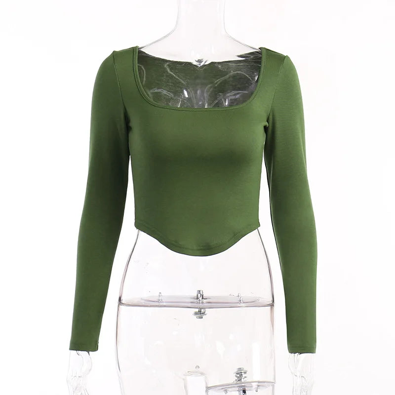 2022 Square Collar Long Sleeve Casual Women T Shirts Green Autumn Skinny Sexy Solid Basic Crop Tops Fashion Streetwear