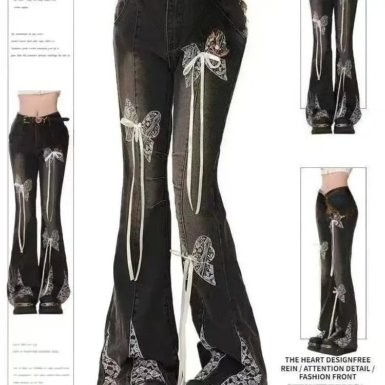 Vintage Slim Micro-flare Jeans Women Ins Fashionable Splicing Belt Edge Y2K Pants High Waist Straight American Street Trousers