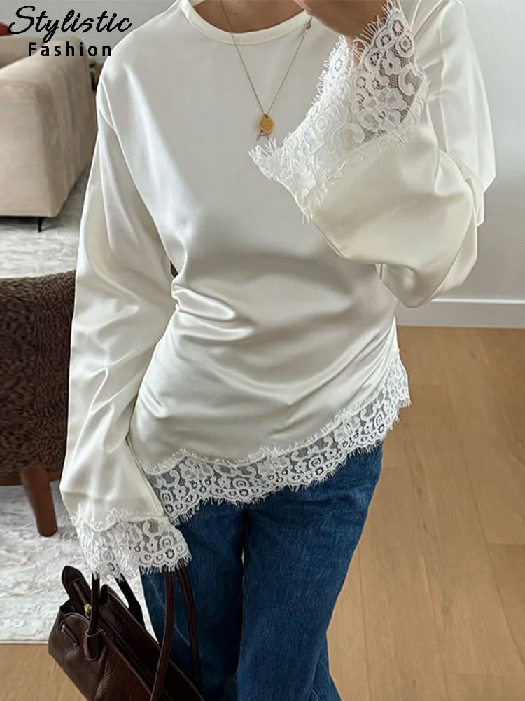 Elegant Satin Lace Patchwork Top Women O-neck Loose Long Sleeves Strappy Female shirt 2026 Spring Autumn Chic Lady T-shirt