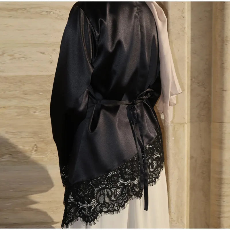 Elegant Satin Lace Patchwork Top Women O-neck Loose Long Sleeves Strappy Female shirt 2026 Spring Autumn Chic Lady T-shirt