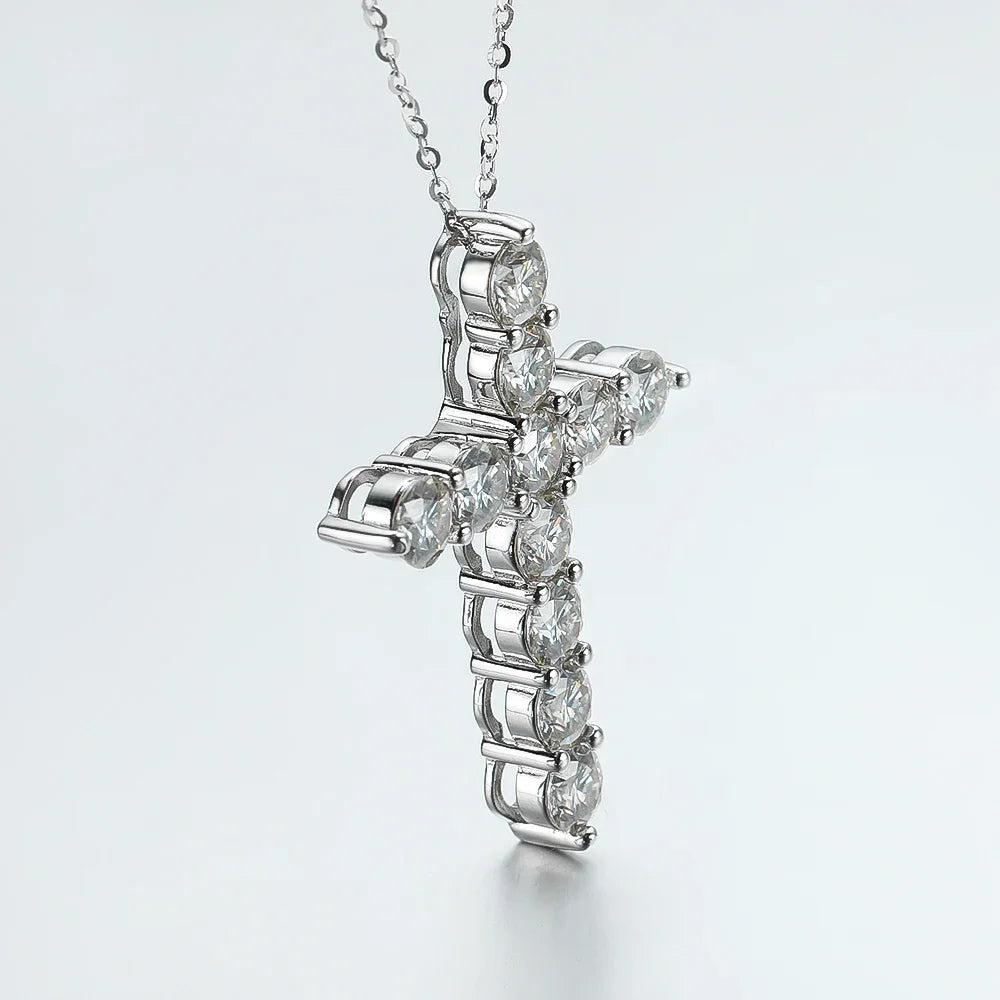 Full Moissanite Cross Pendant Necklace Original 925 Sterling Silver Chain Plated 18K White Gold Fine Necklace for Women Jewelry