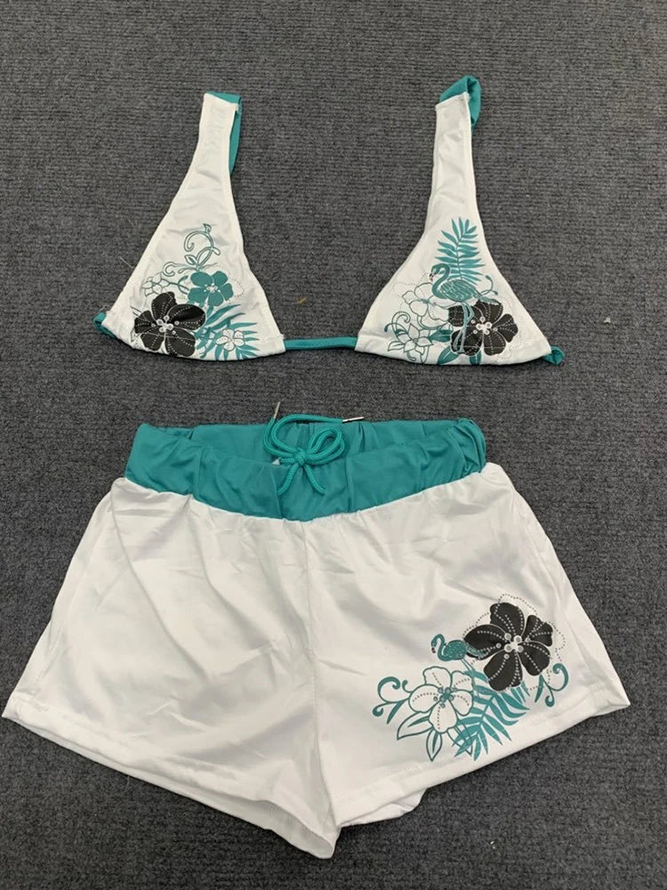 Summer Beach Ins Fashion Hot Sexy Ladies Split Two Piece Bikini Beautiful Vintage Contrast Flower Print Suspender Bra Shorts Set